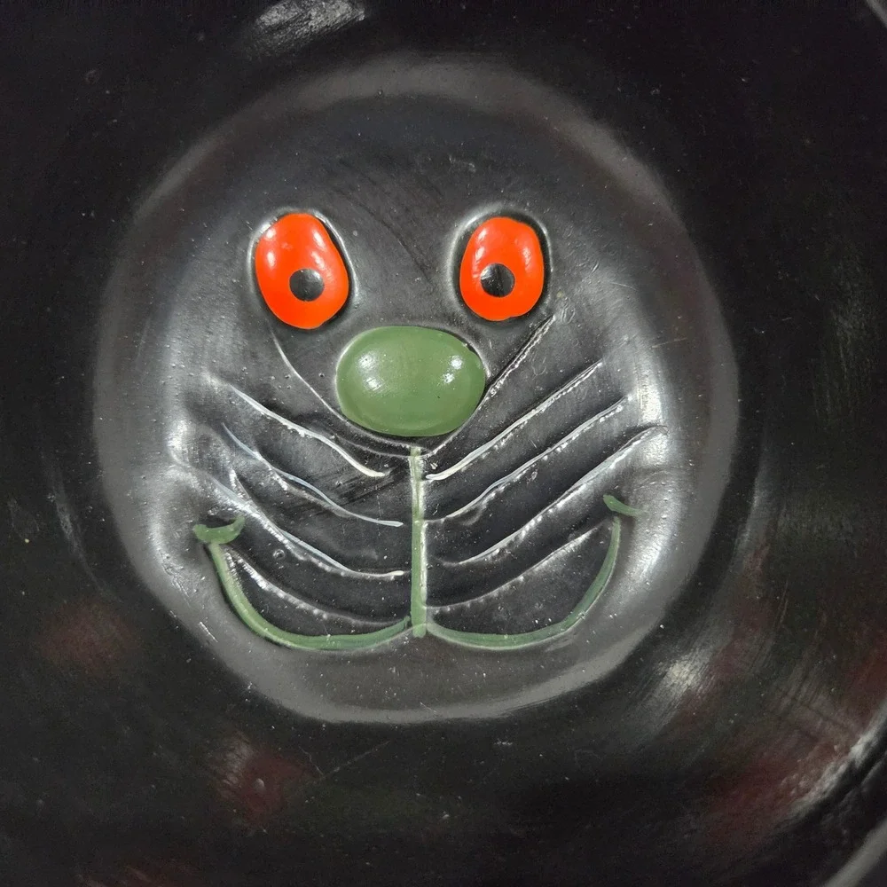 Handmade Black Ceramic Cat Face Bowl Orange Eyes Halloween Decor 5.5 Inch